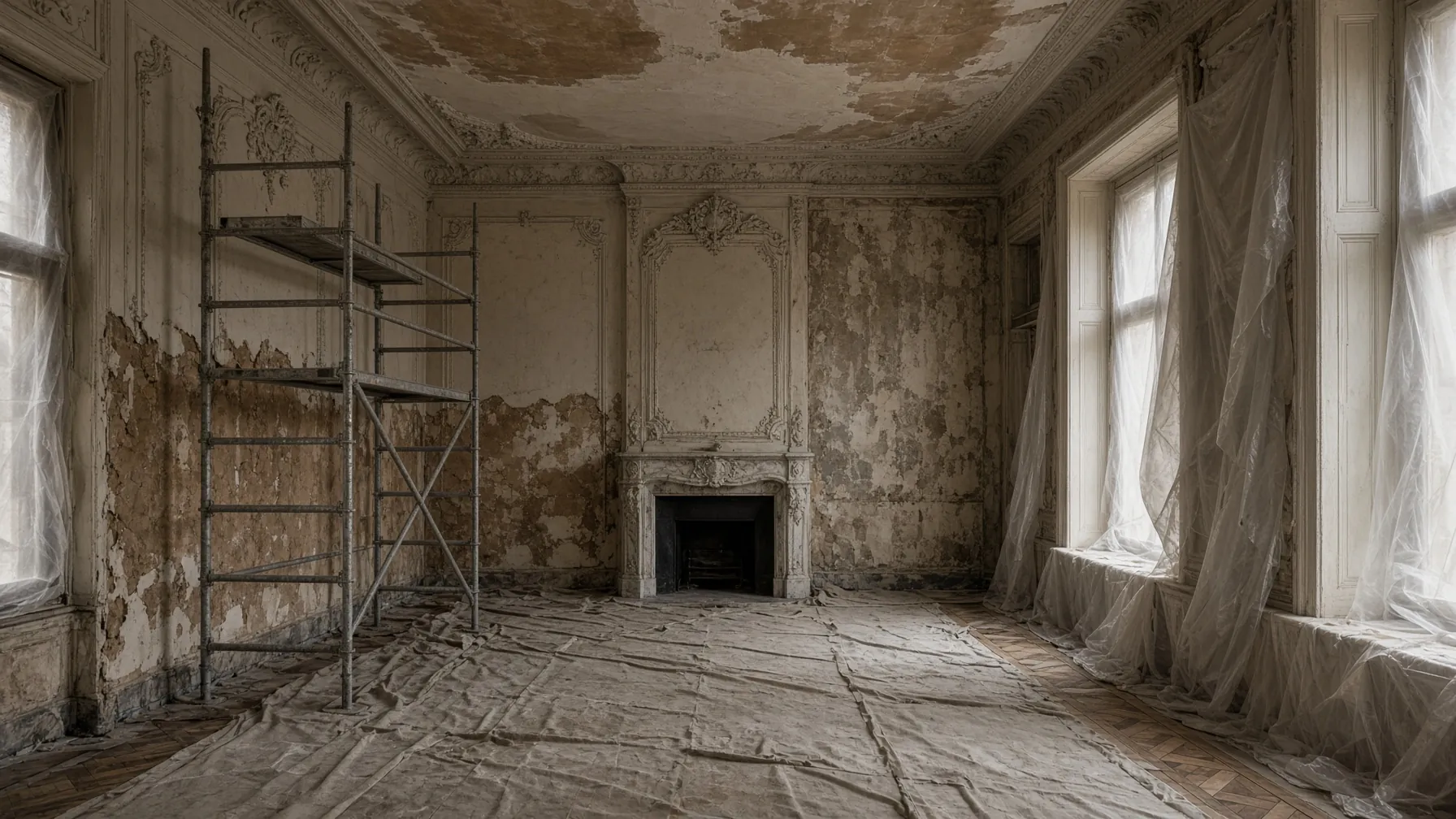 A period room stripped back: scaffold tower, dust sheets, the fireplace kept