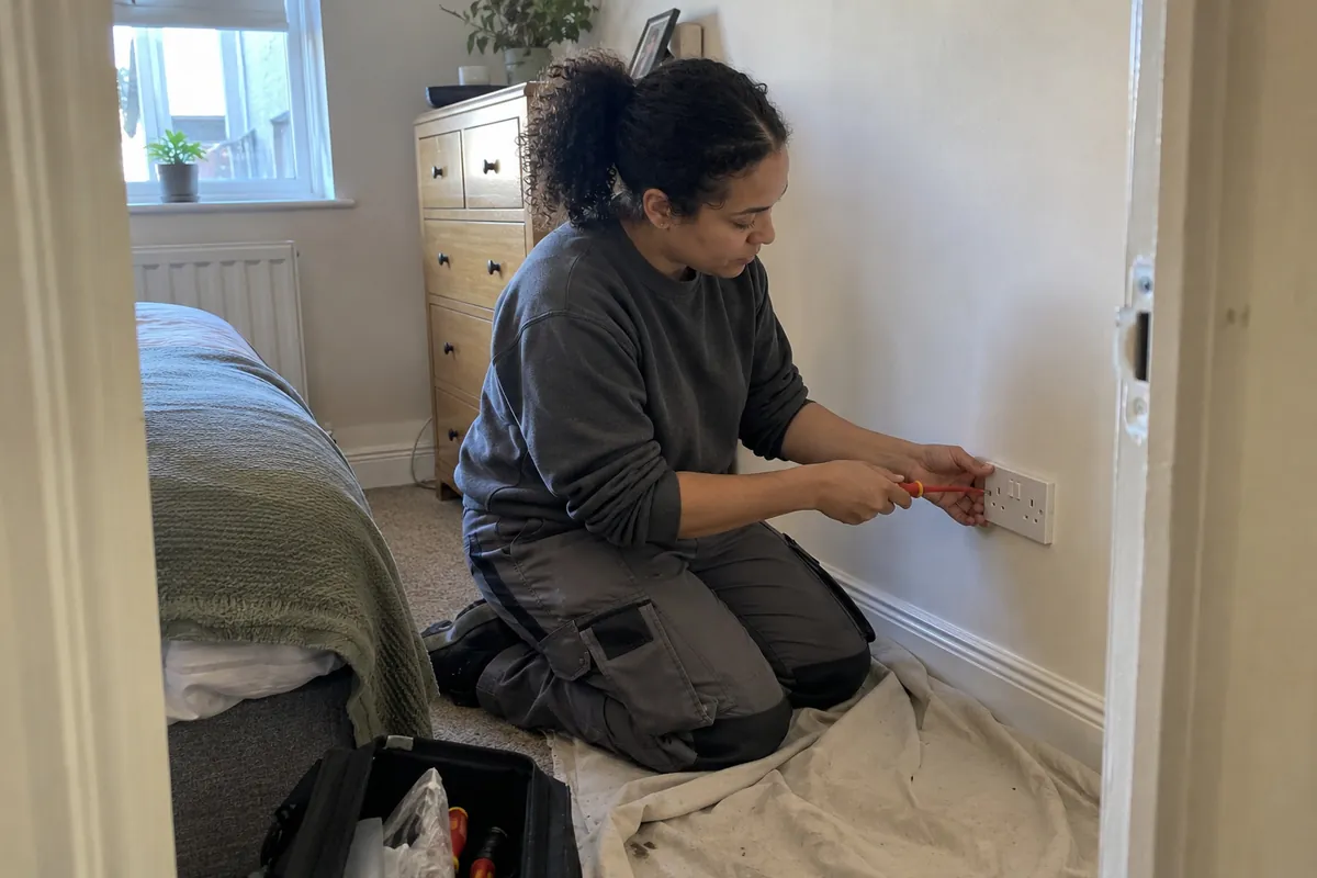 An electrician replacing a socket in a London bedroom, dust sheet down