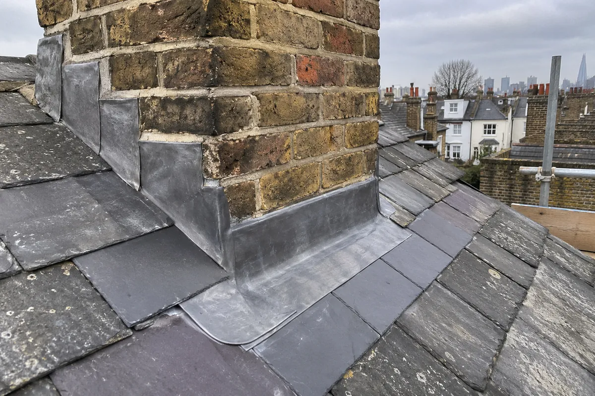 New lead flashing dressed round a chimney stack, the slates relaid