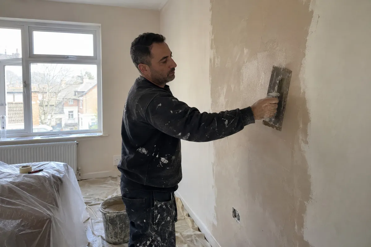 A plasterer skimming a wall after a leak in a London flat