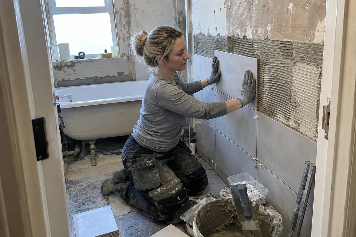 A bathroom wall boarded and retiled around the bath in a London flat