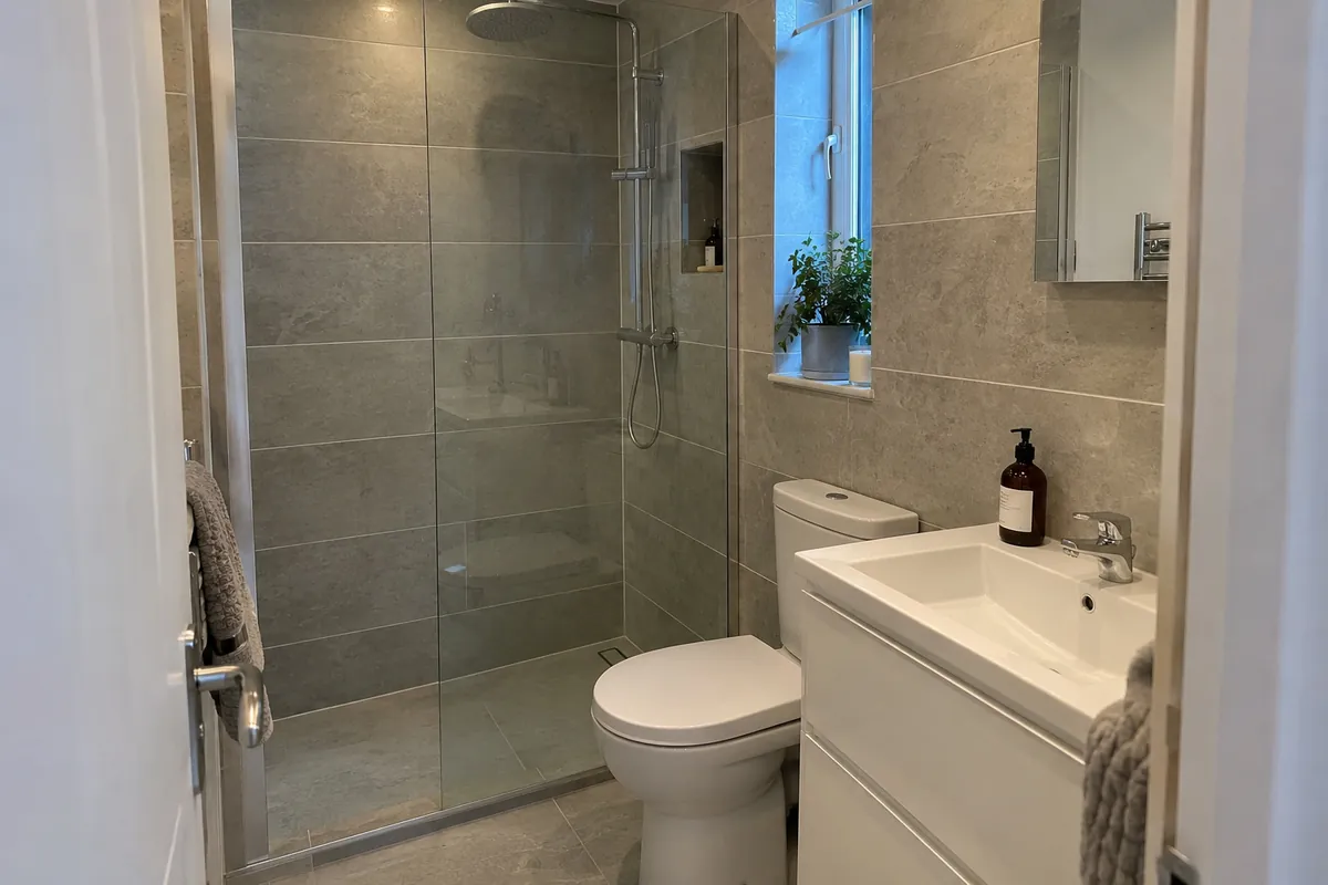 A finished London shower room: tray, screen, tiles and basin