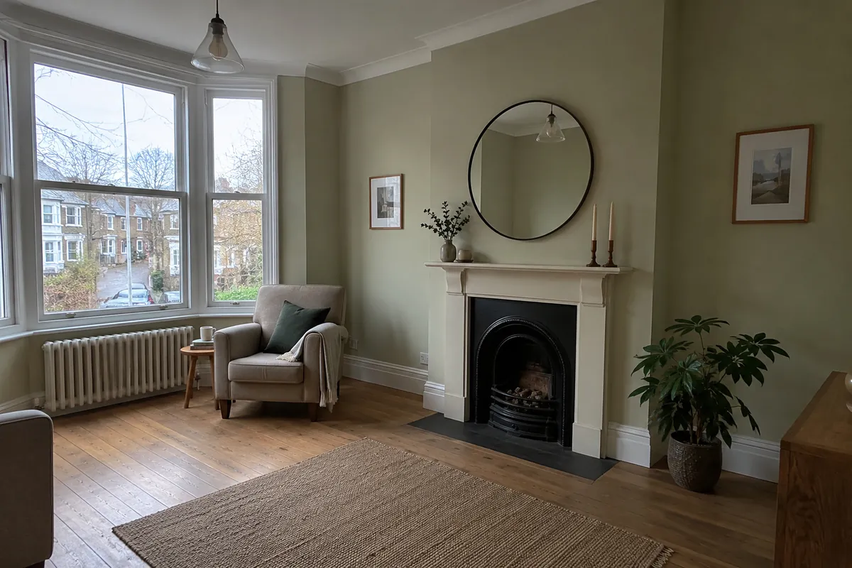 A refurbished London living room: fireplace, oak floor, bay window