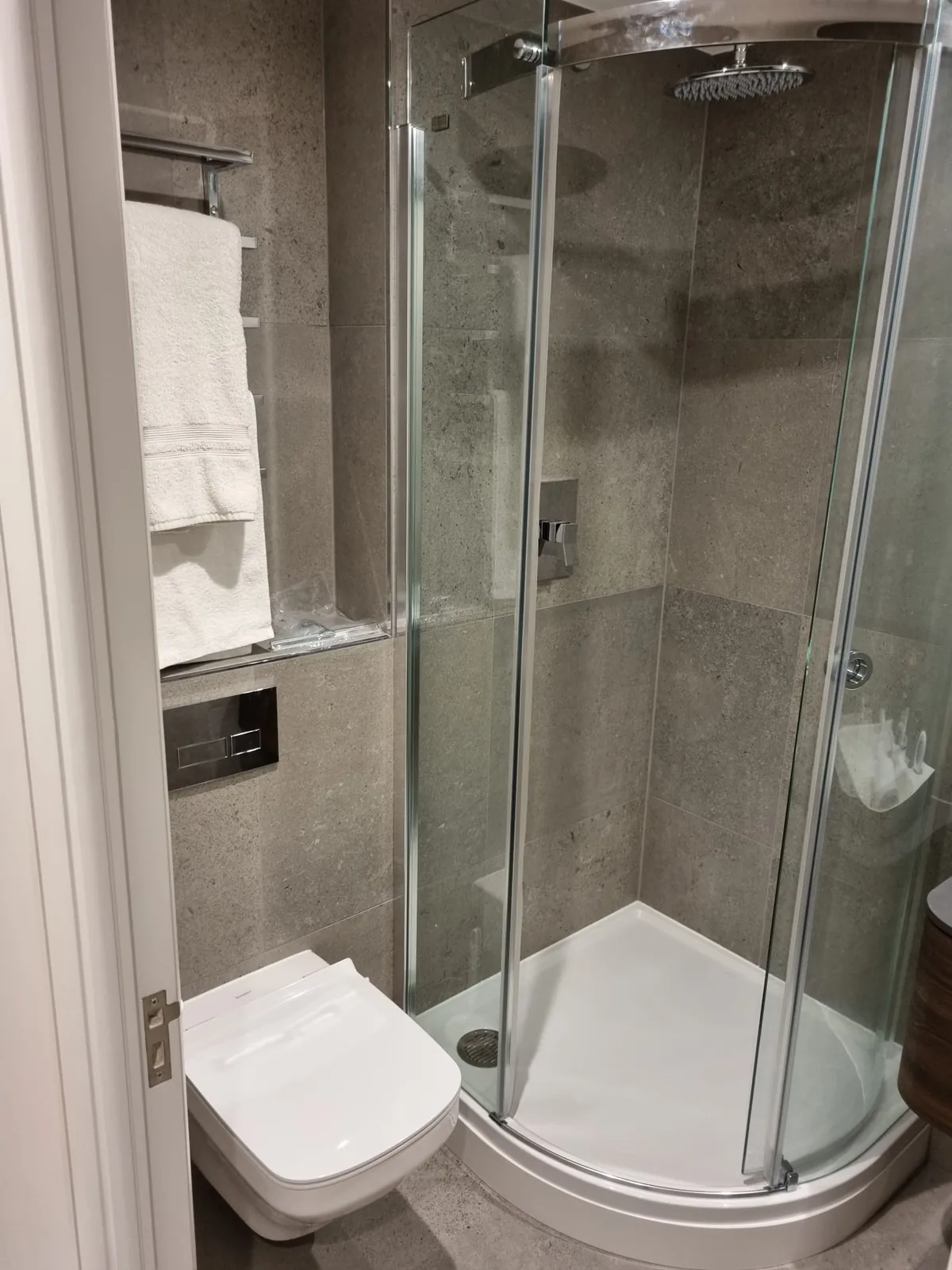 En-suite shower room: quadrant shower and wall-hung WC